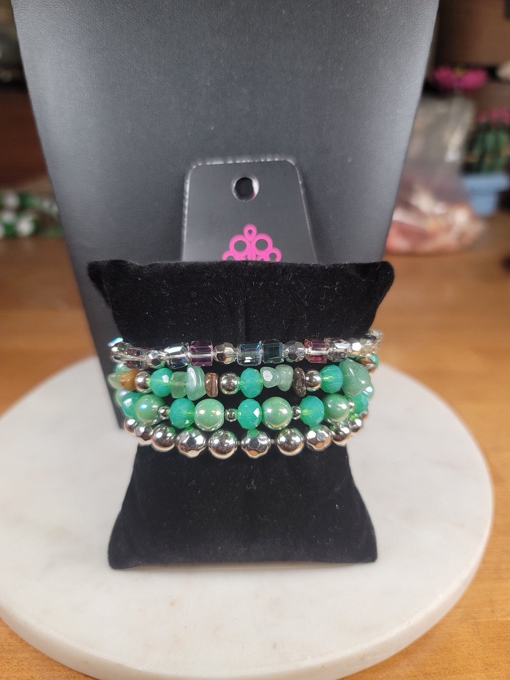 paparazzi Green and Silver Beaded Stack Bracelet Set